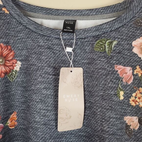 Emery Rose Dark Gray Floral Print Drop Shoulder Sweatshirt Size 1Xl - Picture 4 of 6